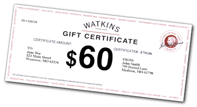 Watkins January 2019 Sign Up Promotion - Pay for TWO years ($59.90) and get a $60 Gift Certificate to order Watkins Gourmet Food Products